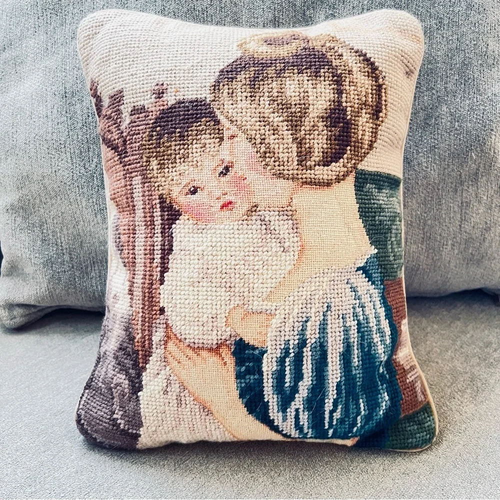 Vtg Wool Needlepoint Petit Point Pillow Mother Child Velvet Lillian Vernon.